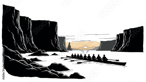 Rowing team at sunset in dramatic cliffside silhouette scene