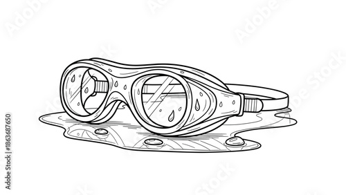 Black and white line drawing of swimming goggles with water droplets