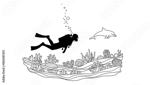 Silhouette scuba diver exploring coral reef with dolphin in black and white