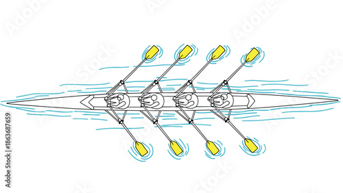 Linear crew rowing team in action with dynamic water ripples