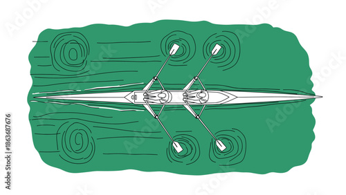 Overhead view of dual rowers in canoe with paddles on calm water