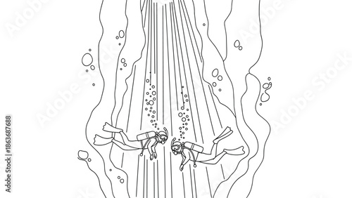 Underwater adventure outline: two divers exploring a deep ocean canyon