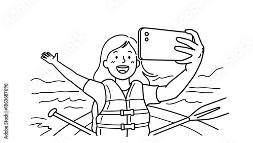 Happy woman taking selfie while kayaking in line art style