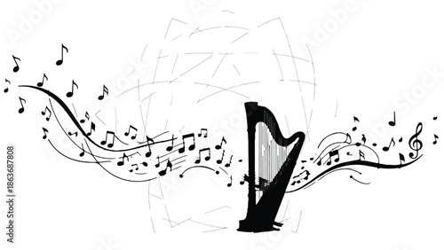 Elegant harp surrounded by flowing musical notes and abstract lines, evoking a sense of melody and harmony.