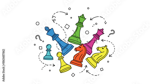 Colorful doodle chess pieces with playful arrows and symbols