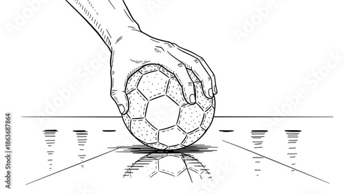 Hand holding soccer ball with reflection in stylish black and white line art