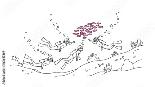 Underwater adventure: linear design of divers exploring ocean with fish