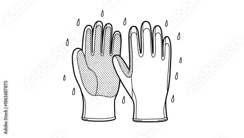 Hand drawn outline of protective gloves with raindrop background