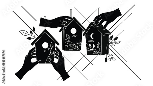 Hands carefully placing decorative birdhouses against a minimalist background