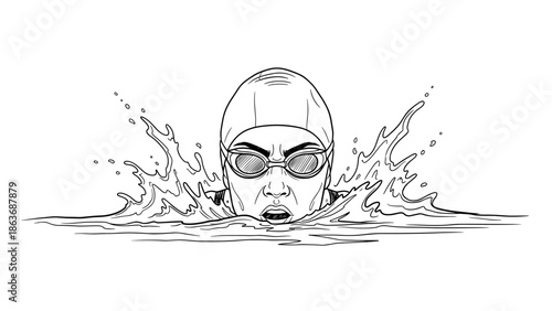 Dynamic swimming scene with splashing water in black and white outline