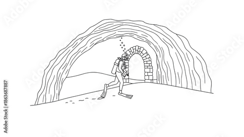 Diver exploring underwater cave with arched entrance in line art