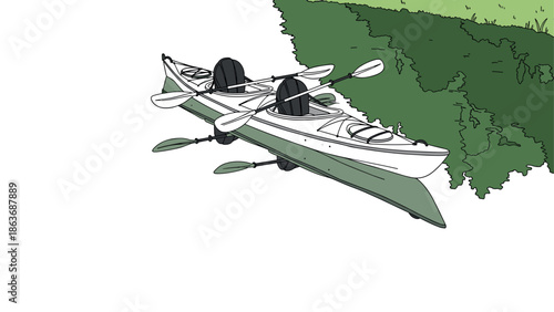 Double kayak adventure with oars set against lush green foliage