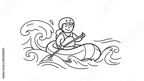 Adventurous kayak journey on rapids with happy paddler in monochrome line art