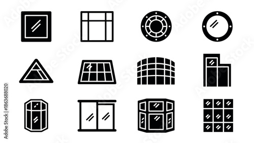 Various window and door icons set in modern black silhouette style