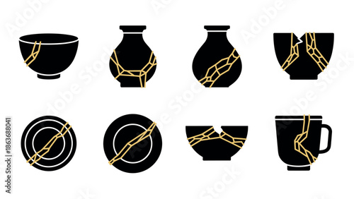 Kintsugi silhouettes: traditional japanese art of pottery repair