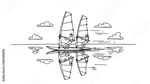 Linear windsurfing adventure: two people enjoying water sports on a calm day