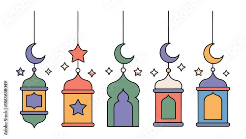 Lanterns of Culture: An array of vibrant, stylized lanterns, each adorned with cultural symbols like crescent moons and stars, hangs in a row, symbolizing light and festivity.