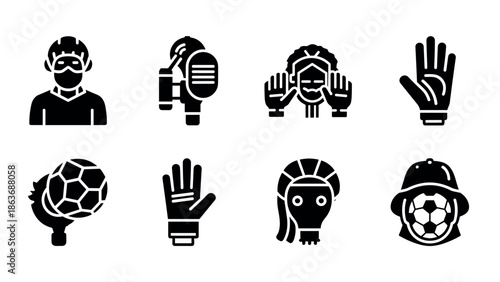 Minimalist black icons of soccer players, masks, and gloves