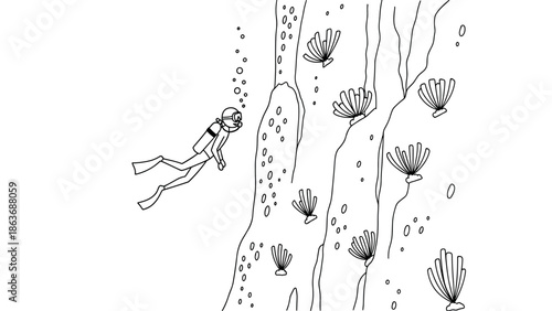 Underwater adventure: scuba diver exploring a coral reef in linear style
