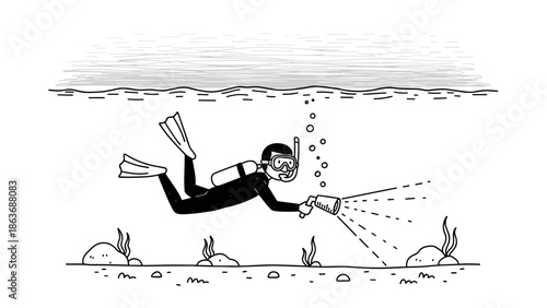Scuba diver exploring underwater world with flashlight in black and white cartoon style