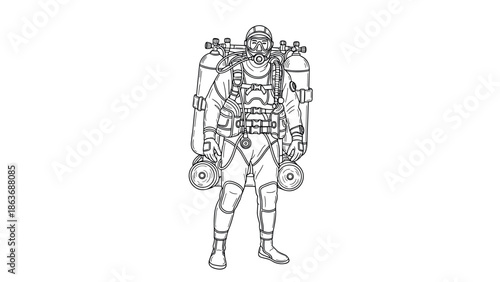 Detailed black and white line art of a scuba diver in full gear