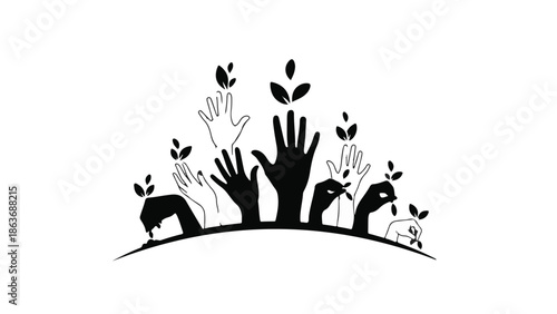 Diverse hands reach upwards, symbolizing growth, hope, and collective effort for a greener future.
