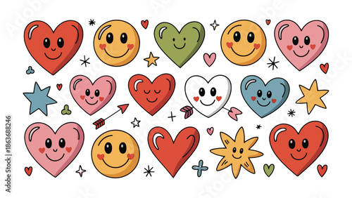 Love and Happiness Icons: A vibrant collection of retro-style hearts and smiling faces, radiating joy and positivity, perfect for spreading warmth and affection.