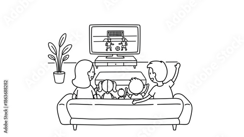 Family watching soccer match on tv in linear style living room scene
