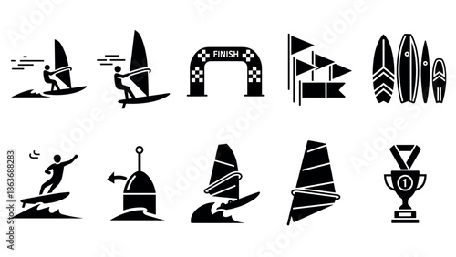 Dynamic windsurfing icons: silhouette collection featuring surfboards, racing, and trophies