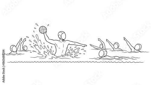 Water polo team in action: dynamic line art depiction