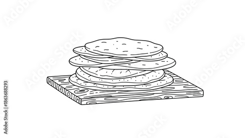Hand drawn stack of tortillas on wooden board