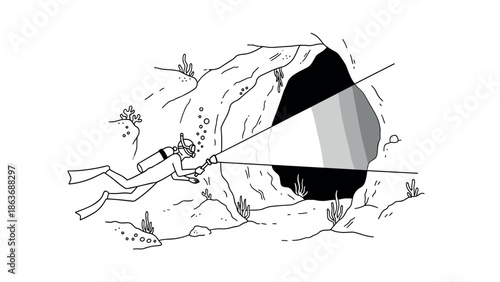 Diver exploring underwater cave with flashlight in linear black and white art