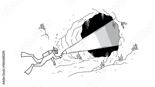 Scuba diver exploring underwater cave with flashlight in minimalist style