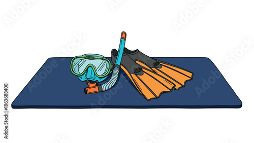 Diving gear set on blue mat featuring snorkel, mask, and flippers