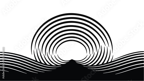Abstract optical illusion of concentric circles forming a sunrise over wavy lines