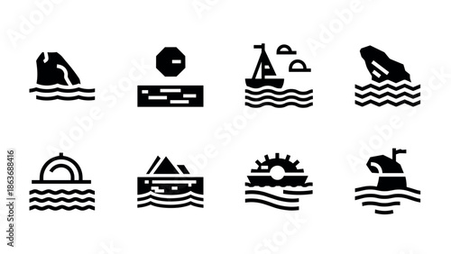 Black and white nautical icons set with maritime symbols for coastal themes
