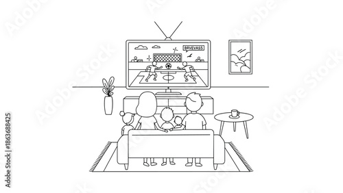 Family watching soccer game on tv in linear style living room setting
