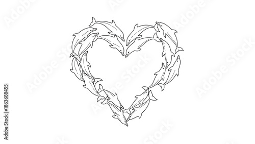 Dolphin heart shape outline: marine life art with playful ocean animals in unique formation