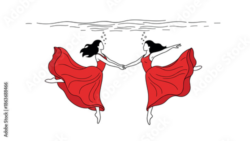 Graceful underwater dance: elegant red dresses in black and white minimalist design