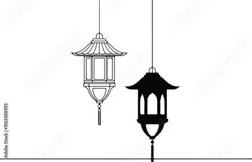 A detailed illustration showcases two hanging lanterns suspended from above one light and one dark high-quality professional modern elegant stylish