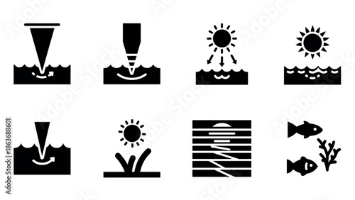 Minimalist black and white solar energy and aquatic symbols collection