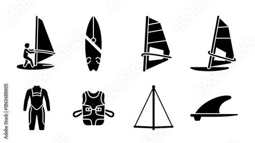 Silhouette icons of sailboarding equipment and windsurfing actions