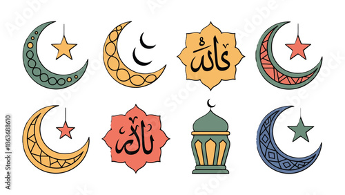 Celebratory Muslim Symbols: A vibrant array of Islamic cultural symbols, including crescents, stars, and religious inscriptions, conveying festive atmosphere.