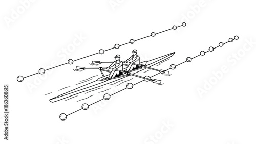 Linear drawing of rowers racing in canoe with perspective guidelines