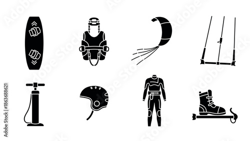 Essential kitesurfing gear silhouettes: board, kite, harness, pump, helmet, wetsuit, skates