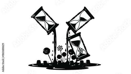 Surreal hourglasses pour out liquid, creating a whimsical, abstract landscape with growing dark forms.