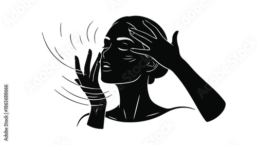 Woman feeling facial sensation with hands gently touching skin, abstract lines suggesting sensory input.