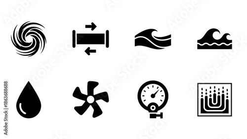 Black and white water symbols with waves, spiral, gauge, and fan