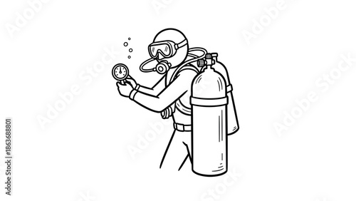 Diver with scuba gear checking pressure gauge outline drawing