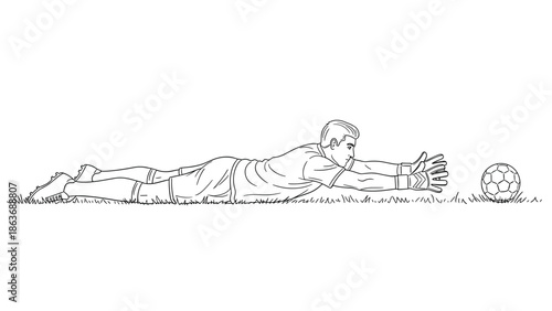 Soccer goalkeeper diving for ball in linear art on grass